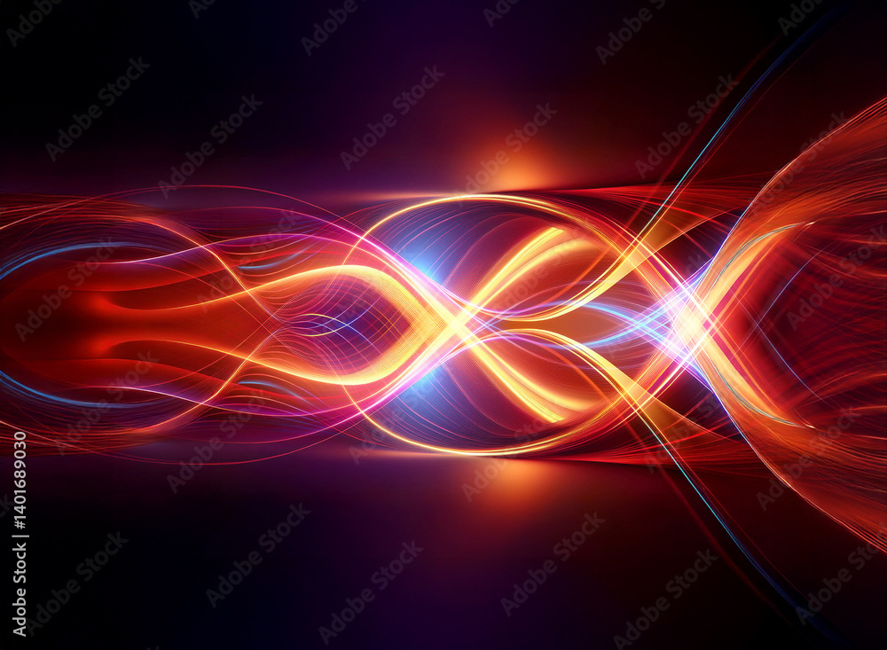 Aufkleber abstract image with dynamic wavy lines of light in orange, red, and blue hues on a dark backdrop, cr