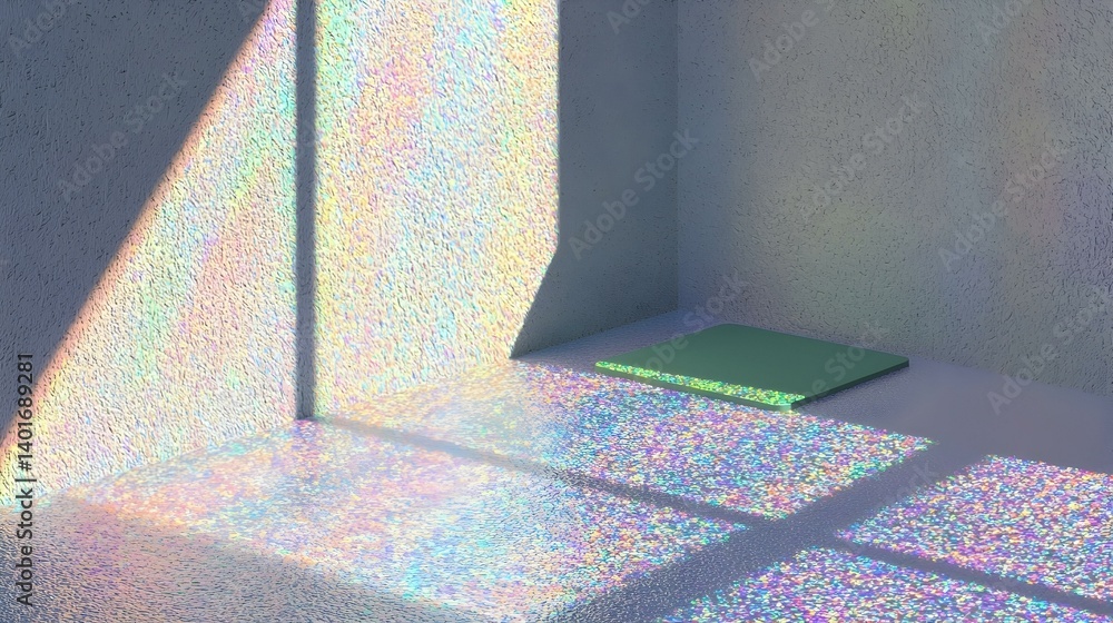 Poster iridescent light illuminating a minimalist room with a green platform. perfect for product display, 
