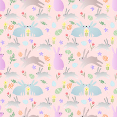 Whimsical Easter Bunny & Floral Repeat Pattern: Cute Rabbits with Flowers & Eggs on Light Pink, Playful Textile Design for Spring & Holiday Decor