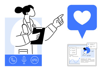Female doctor pointing during a telehealth session, heart icon symbolizing care, analytics on screen indicating data. Ideal for healthcare, telemedicine, communication, analysis, technology