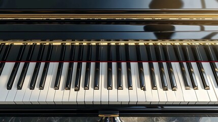 Close-up view of a polished black grand piano keyboard.