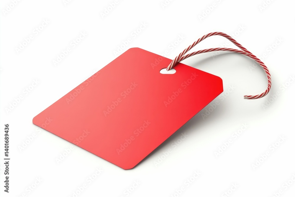 Poster red price tag on white background with striped string mockup