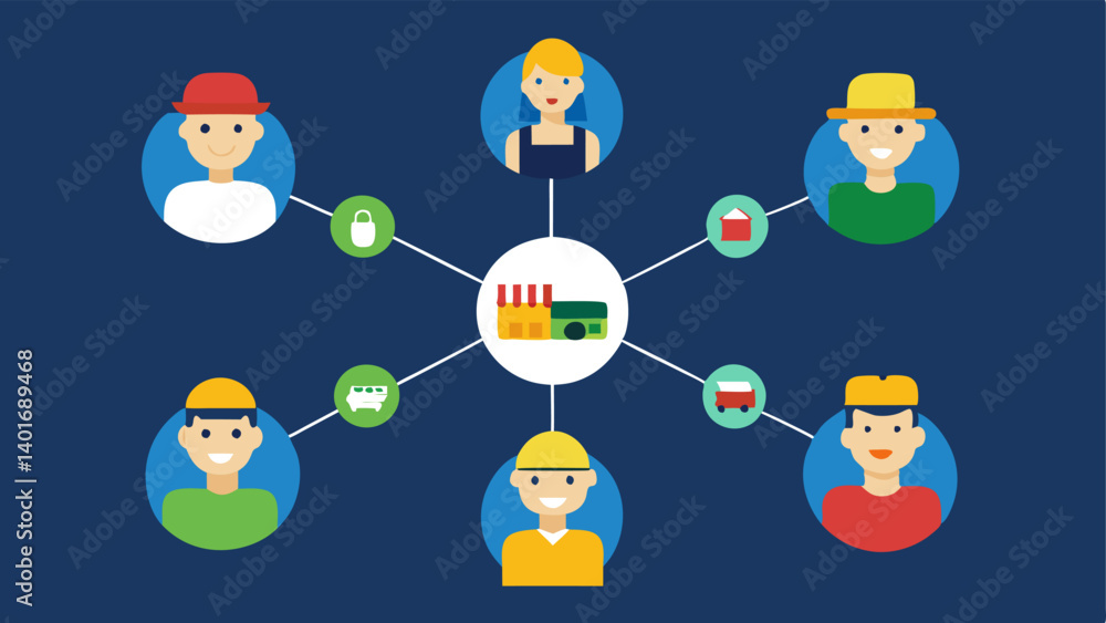 Poster linking participants multiple simple figures representing supply chain stakeholders farmer manufactu