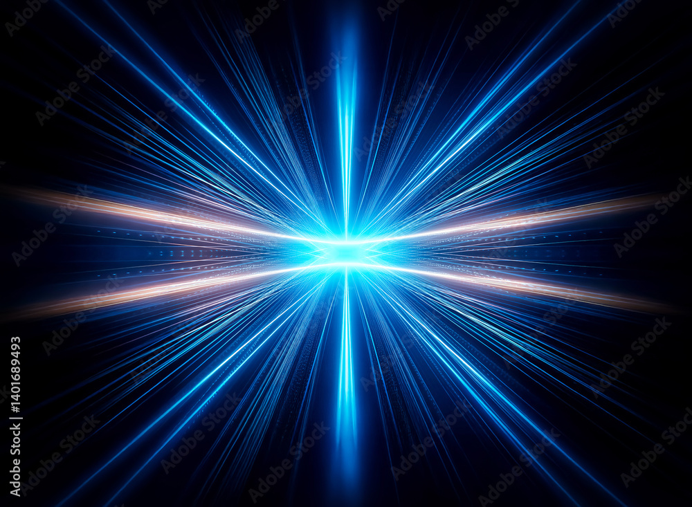 Poster a vibrant burst of blue and orange light streaks radiates from a central point against a dark backdr
