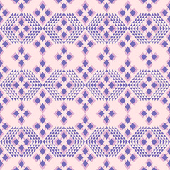 Fototapeta premium Geometric Diamond Repeat Pattern: Lavender and Purple Motifs on Soft Pink, Abstract Textile Design, Seamless Print for Modern Decor & Creative Projects