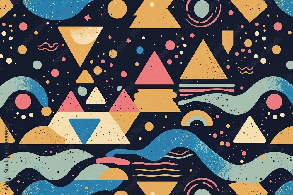 Poster retro seamless pattern design of 80s and 90s shapes with textured whimsical triangles squares waves 