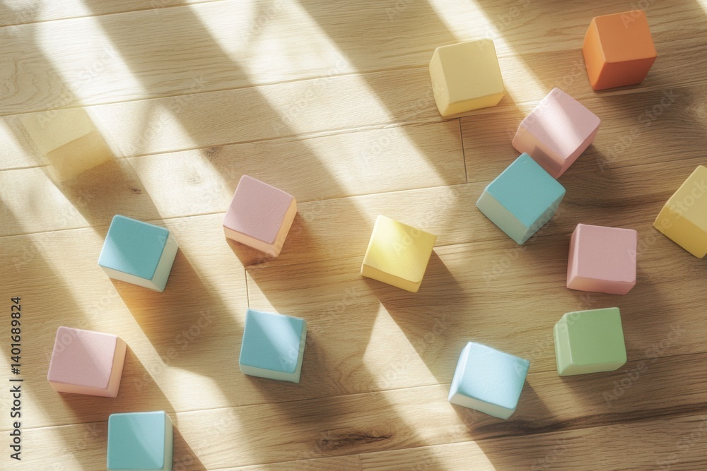 Poster pastel toy blocks scattered on a natural wood floor create a serene and minimalist atmosphere perfec