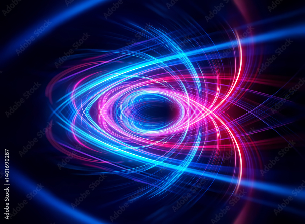 Poster swirling abstract artwork featuring luminous blue and red light trails on a dark background. dynamic