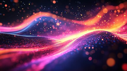 A vibrant abstract display of swirling, glowing particles in a dark background.