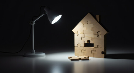 Puzzle wooden house illuminated by desk lamp house construction solution home puzzle finance property management concept