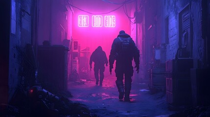Cyberpunk alleyway at night, two figures walk towards neon sign. Futuristic urban scene, dark and mysterious atmosphere.