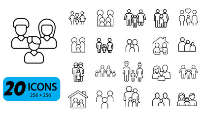 Set of 20 family structures Icons, Outline Style, 256x256 Pixels
