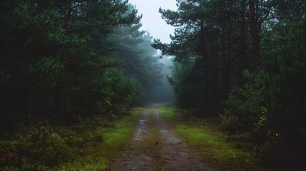 Obraz premium Misty forest path disappearing into the fog. A mysterious and serene scene perfect for fantasy, fairytale, or nature themes.