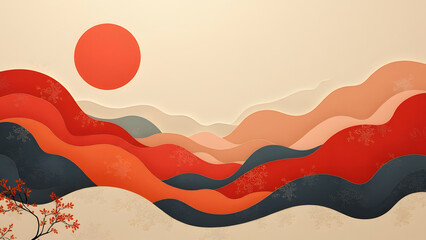 Fototapeta premium Sunset over abstract waves tranquil landscape digital art serene viewpoint