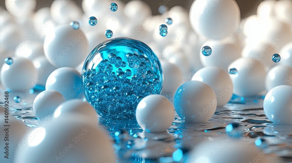 Poster a vibrant display of translucent spheres, showcasing a blue sphere filled with smaller bubbles.