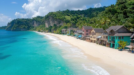 Obraz premium Aerial View of Tropical Beach with Colorful Houses and Lush Greenery