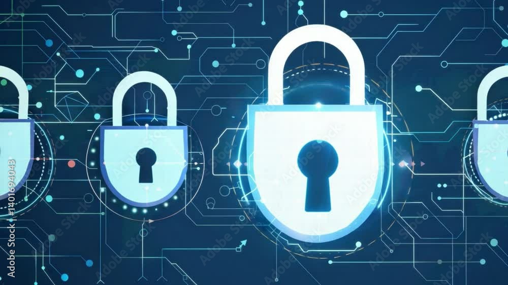 Poster digital security exploring padlock technology, data protection, and cybersecurity in network of circ