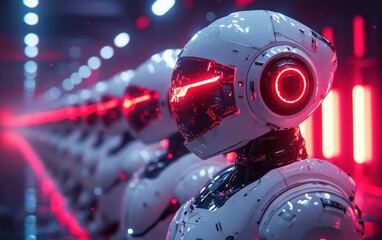 Fototapeta premium Futuristic Cyborg Robots with Neon Highlights in a Cyberpunk Setting