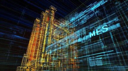 MES Manufacturing Execution System Abstract digital architecture with glowing lines.
