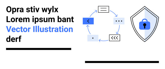 Shield with lock icon alongside circular workflow with arrows, nodes, and text elements. Ideal for cybersecurity, data protection, process management, secure workflows, technology, automation flat