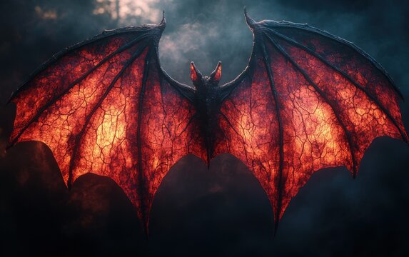 Vivid Red Bat Wings Gothic Art Style Dark Background Dramatic Lighting Symmetrical Composition