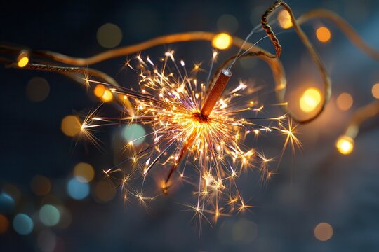 Bright sparkler ignites in festive celebration, illuminating a dark background with dazzling light.