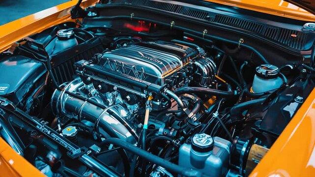 Vibrant Yellow Car Engine Compartment showcasing a meticulously detailed and polished internal combustion motor