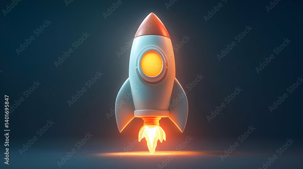 Poster illuminated rocket ship with orange glow ascending against deep blue background representing technol