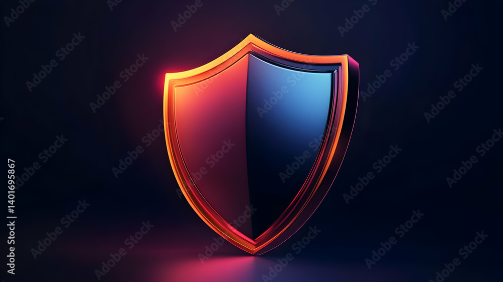 Poster illuminated shield with orange and blue gradient glow representing protection and security on dark b
