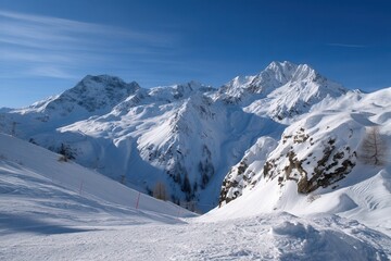 Fototapeta premium Breathtaking view of snow-covered mountains under a clear blue sky.