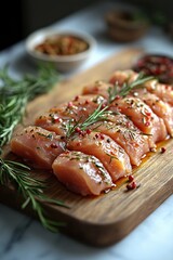 raw chicken fillets on wooden cutting board natural light serene composition hyper-realism