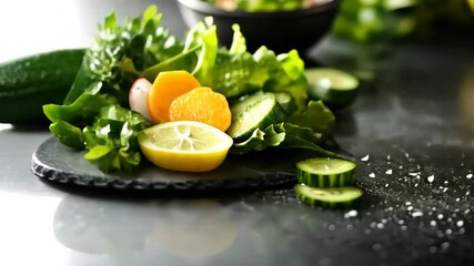 Fresh citrus and green salad ingredients showcase on black background with sliced lemons and cucumbers