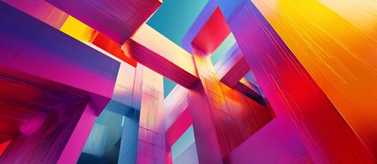 Vivid abstract structure, colorful beams, upward view, bright sky, digital art