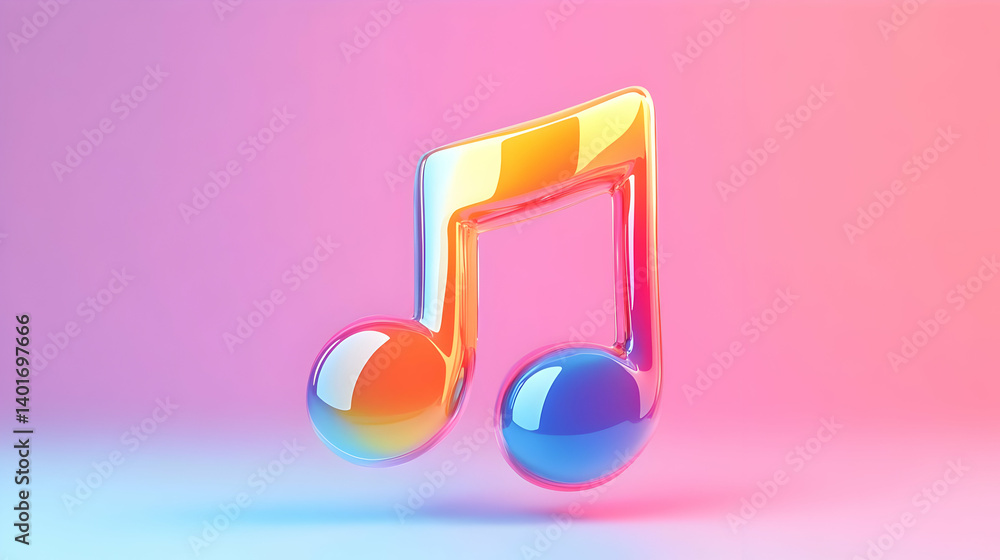 Poster iridescent musical note symbol on gradient background with glossy surface reflecting multicolored hu