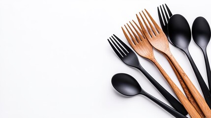 Fototapeta premium Black and Brown Eco Friendly Cutlery on White Background