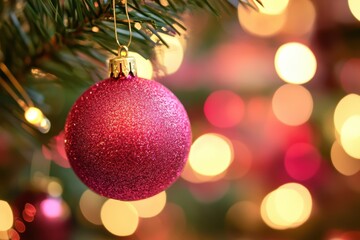 Fototapeta premium A red ornament beautifully adorns a Christmas tree, highlighting festive cheer and holiday spirit.