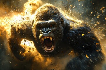 Charging Gorilla in Action with Fierce Expression and Dramatic Backlighting