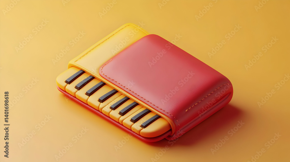 Poster isometric piano keyboard with red and yellow case on orange background, digital rendering featuring 