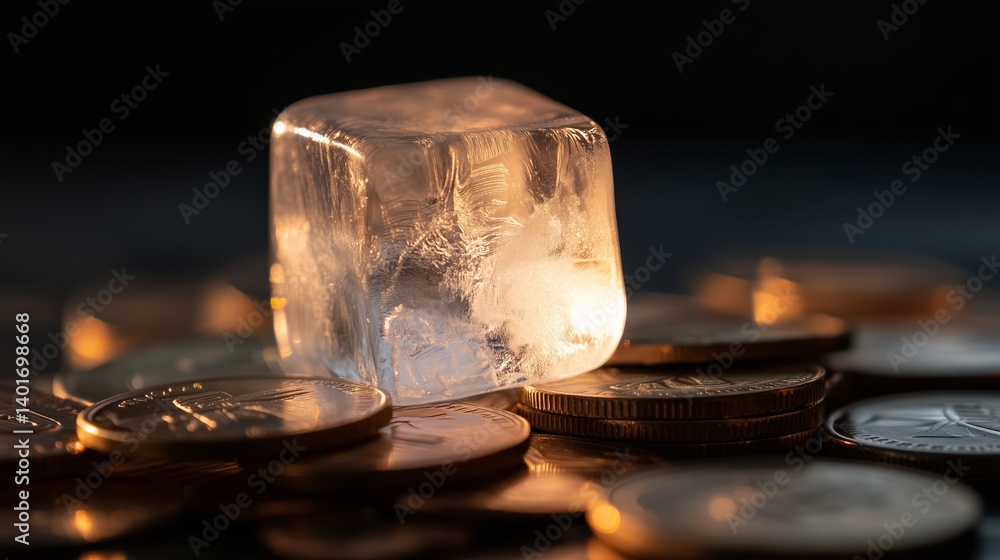 Poster ice cube placed atop shining coins creating an intriguing contrast of temperature and value in a dar