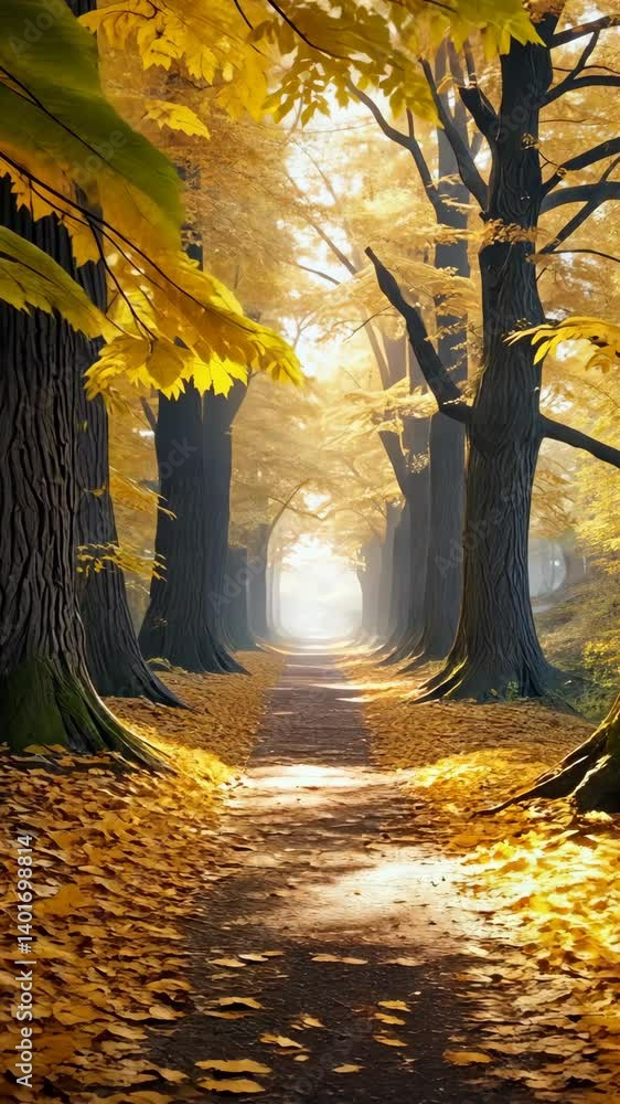 Poster pathway lined with tall trees covered in yellow leaves, creating a tunnel effect in autumn season wi