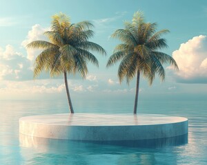 Tropical Beach Scene with White Circular Display on Sand and Sea Surrounded by Palm Trees
