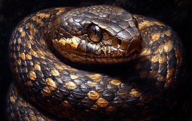 Fototapeta premium Hyper-Realistic Coiled Snake with Dark Scales Illuminated by Soft Spotlight Against Black Background