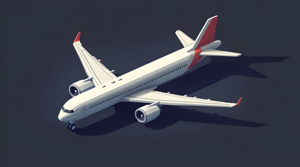Isometric Pixel Art White and Red Airplane on Dark Background with Shadow