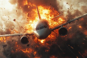 airplane explosion on runway with smoke and flames captured in hyper-realistic style