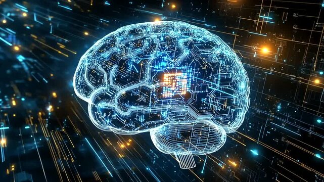 Transparent brain with glowing circuit center, surrounded by streams of light, representing advanced technology