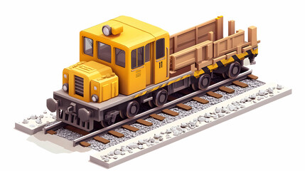 Obraz premium Isometric Yellow Train Car on Railroad Tracks in Pixel Art Style on White Background