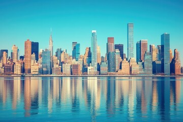Fototapeta premium Aerial view of a city skyline with water reflecting buildings and clouds.