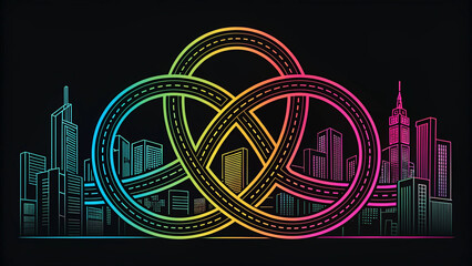 Abstract design with intertwined geometric lines, black background with colorful neons, AI