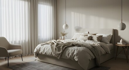 Obraz premium Serene Beige Bedroom Interior Design Minimalist Comfort and Modern Elegance
