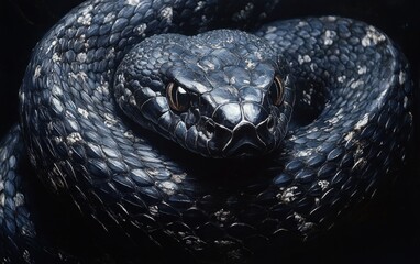 Hyper-Realistic Coiled Rattlesnake with Dark Scales Illuminated on Black Background